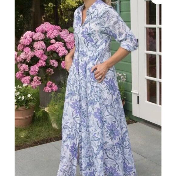 Julia Amory Dresses & Skirts - JULIA AMORY Sz S Small Aegean Chintz Maxi Shirt Dress Cotton Purple Blue Floral